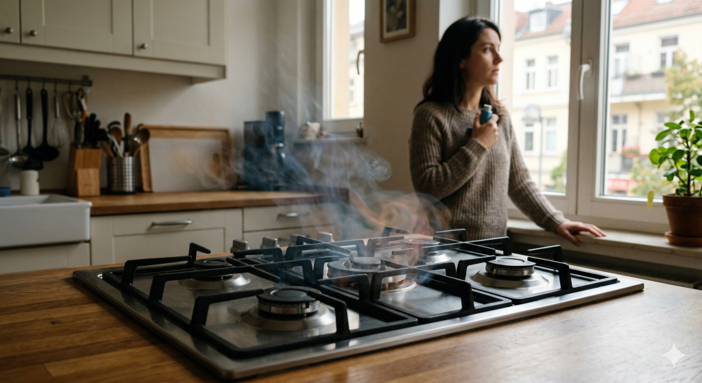 Primer plano de un fogón de gas doméstico en una cocina moderna, con un sutil rastro de gas visible emanando de un quemador apagado. En el fondo desenfocado, una mujer sostiene un inhalador de asma cerca de una ventana.